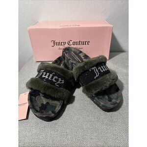 Juicy Couture JC Siren Size 7 Green Camo Luxe Faux Fur Bling Sandal Slide NWB